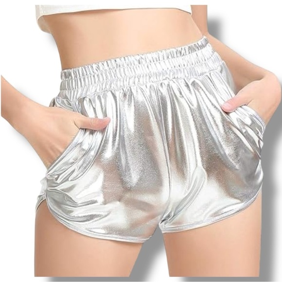 Pumpkino Shiny Silver Retro Inspired Elastic Waist Front Pockets Shorty Shorts - Picture 1 of 16